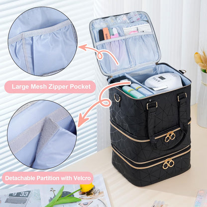 Nail Polish Organizer Bag Holds 60 Bottles Nail Polish & Nail Lamp, Large Gel Polish Organizers and Storage Box for Nail Tech, Nail Kit Supplies Organizer Case - Black