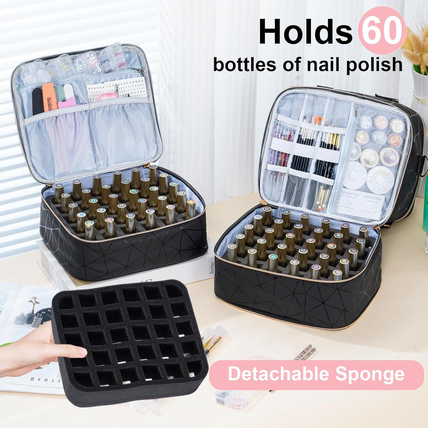 Nail Polish Organizer Bag Holds 60 Bottles Nail Polish & Nail Lamp, Large Gel Polish Organizers and Storage Box for Nail Tech, Nail Kit Supplies Organizer Case - Black