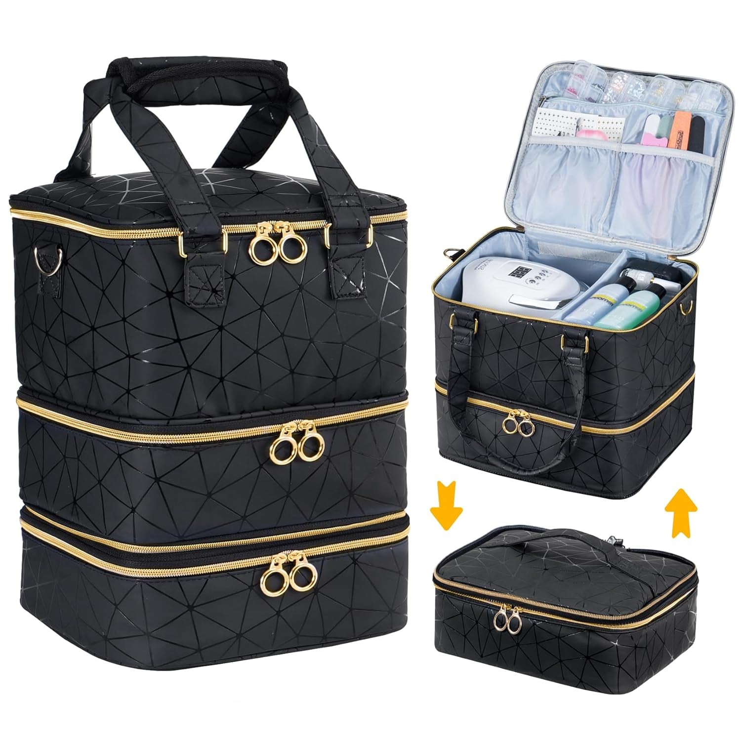 Nail Polish Organizer Bag Holds 60 Bottles Nail Polish & Nail Lamp, Large Gel Polish Organizers and Storage Box for Nail Tech, Nail Kit Supplies Organizer Case - Black